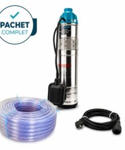 Pachet PROMO - Pompa apa submersibila tun cu plutitor, 4QGD-F + Furtun apa transparent 1', 50 m + Prelungitor negru 10 m, 3x2.5 mm