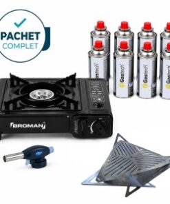 Pachet PROMO camping mare - Gratar portabil din 4 piese + Aragaz camping + 8 buc de rezerva butelie gaz camping 227g + Cap arzator 227g