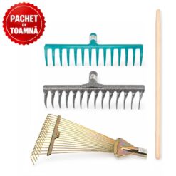 PACHET DE TOAMNA - Coada din lemn pentru grebla, 1.5 m + Grebla reglabila pentru frunze, tip evantai + Grebla metal cu 14 dinti drepti + Grebla metal cu 14 dinti intorsi, BROMAN