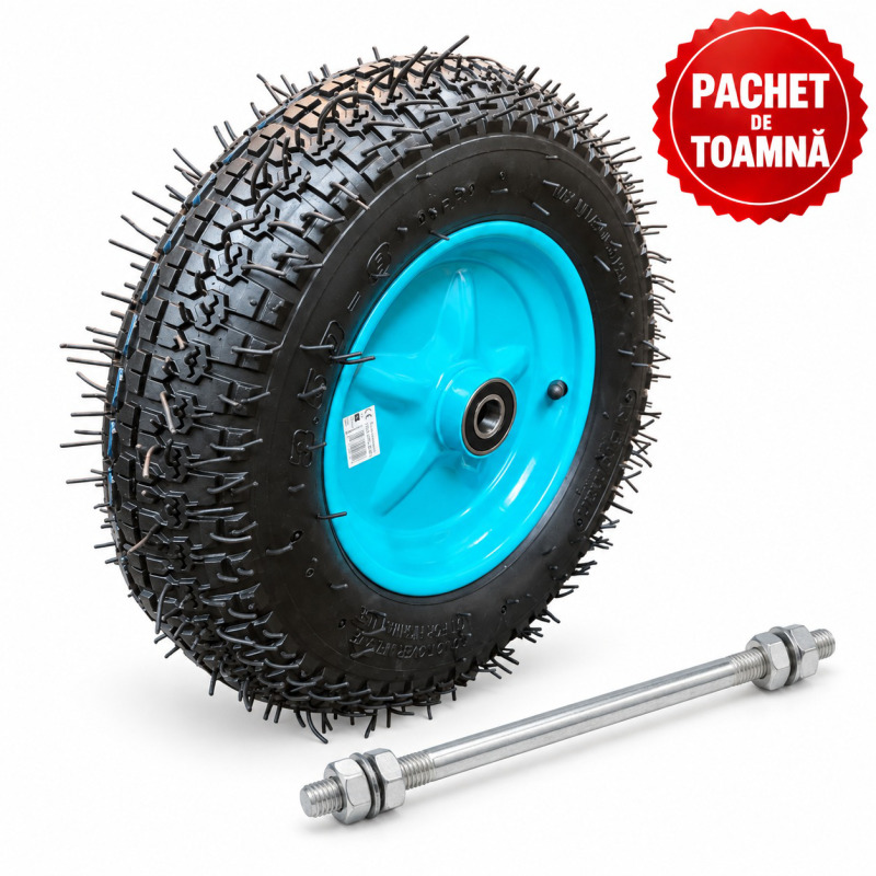 PACHET DE TOAMNA - Roata cu rulment 3.50-8, cauciuc TOP, ax 20 + Ax pentru roata roaba 20 X 205 mm, BROMAN